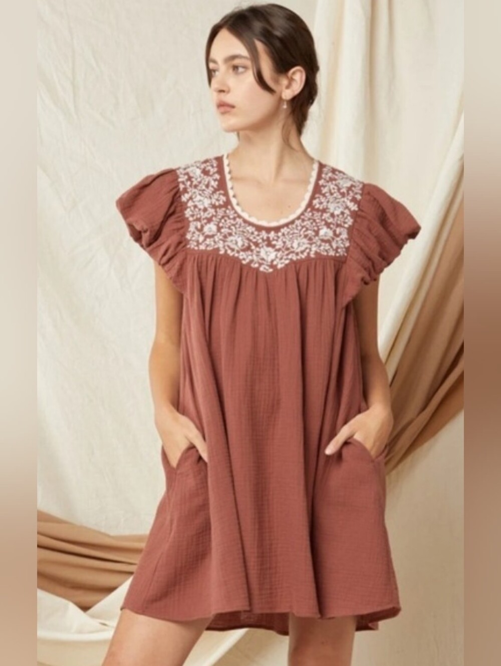 Entro Cotton Chocolate Brown Embroidered Flutter Sleeve Babydoll Dress Size M